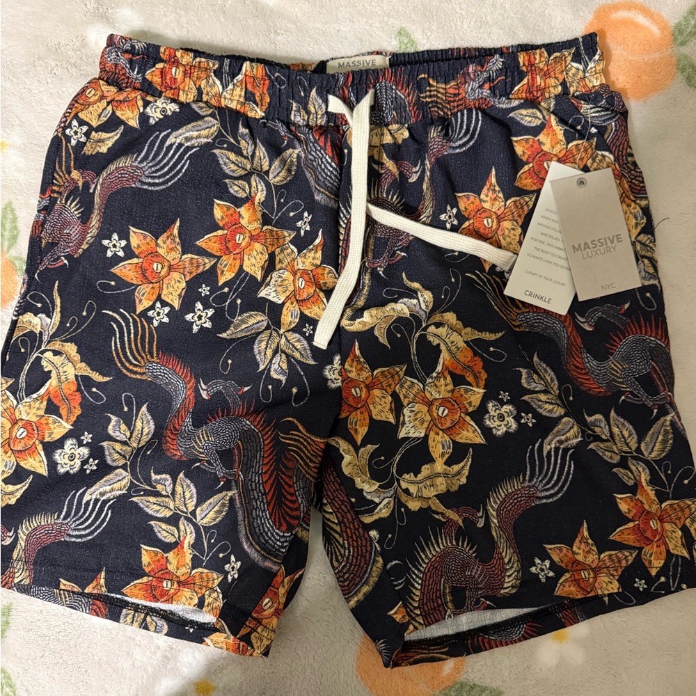 Men's Floral Shorts - Navy and Orange